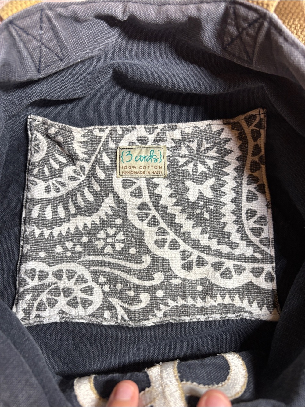 100% Cotton Handmade Gray & White Tote with Gold Logo - Picture 6 of 14